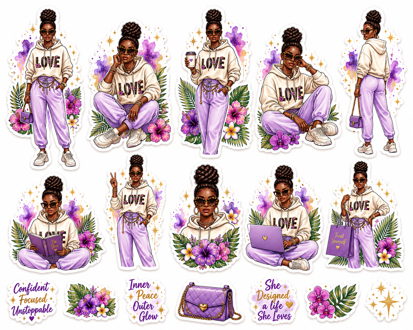 Tropical Black Woman summer floral fashion girl sticker for planner or journal, vibrant and colorful design by Artistiqely Noted.