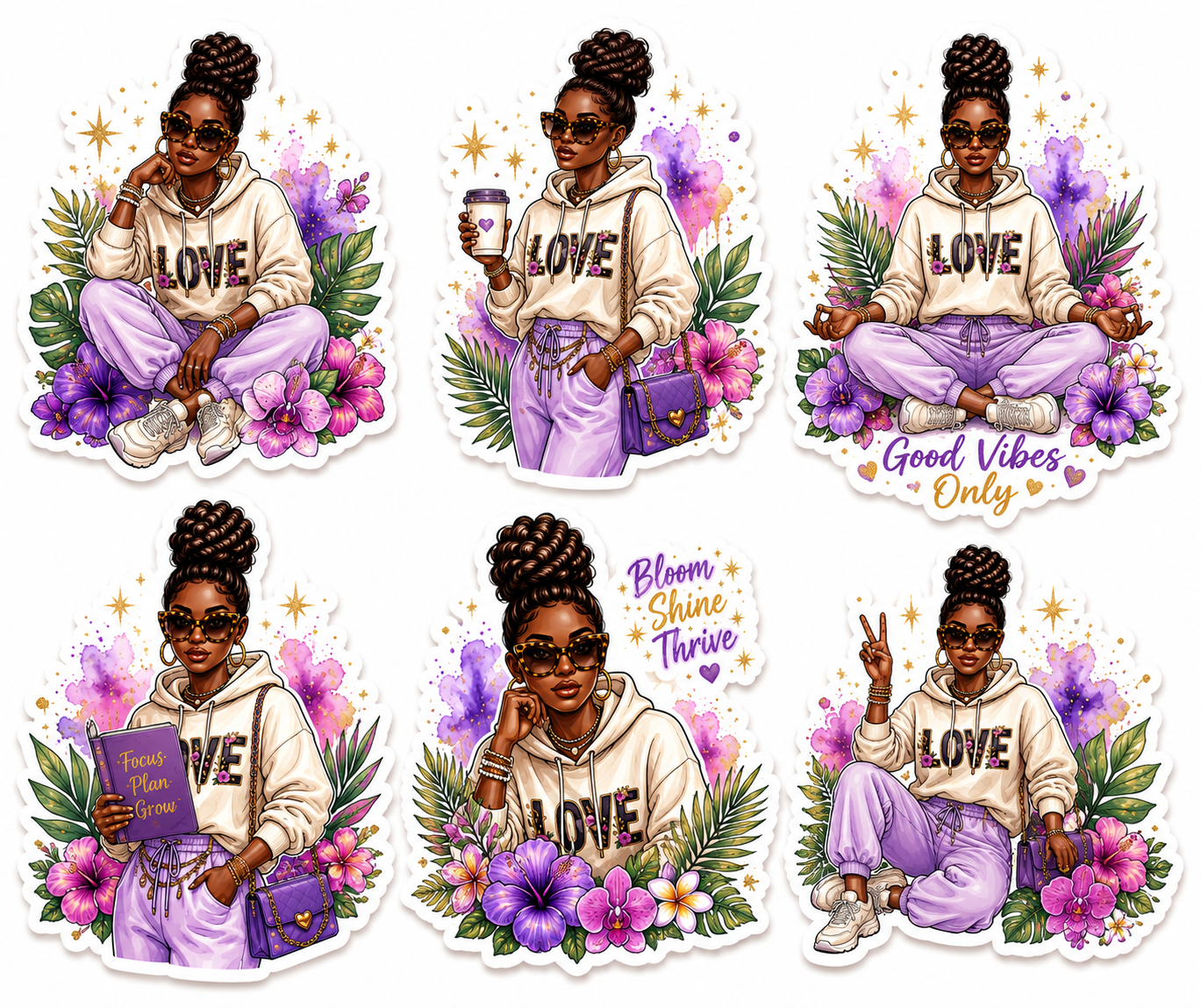 Tropical black woman summer floral fashion girl stickers for planners and journals, vibrant and artistic design by Artistiqely Noted.