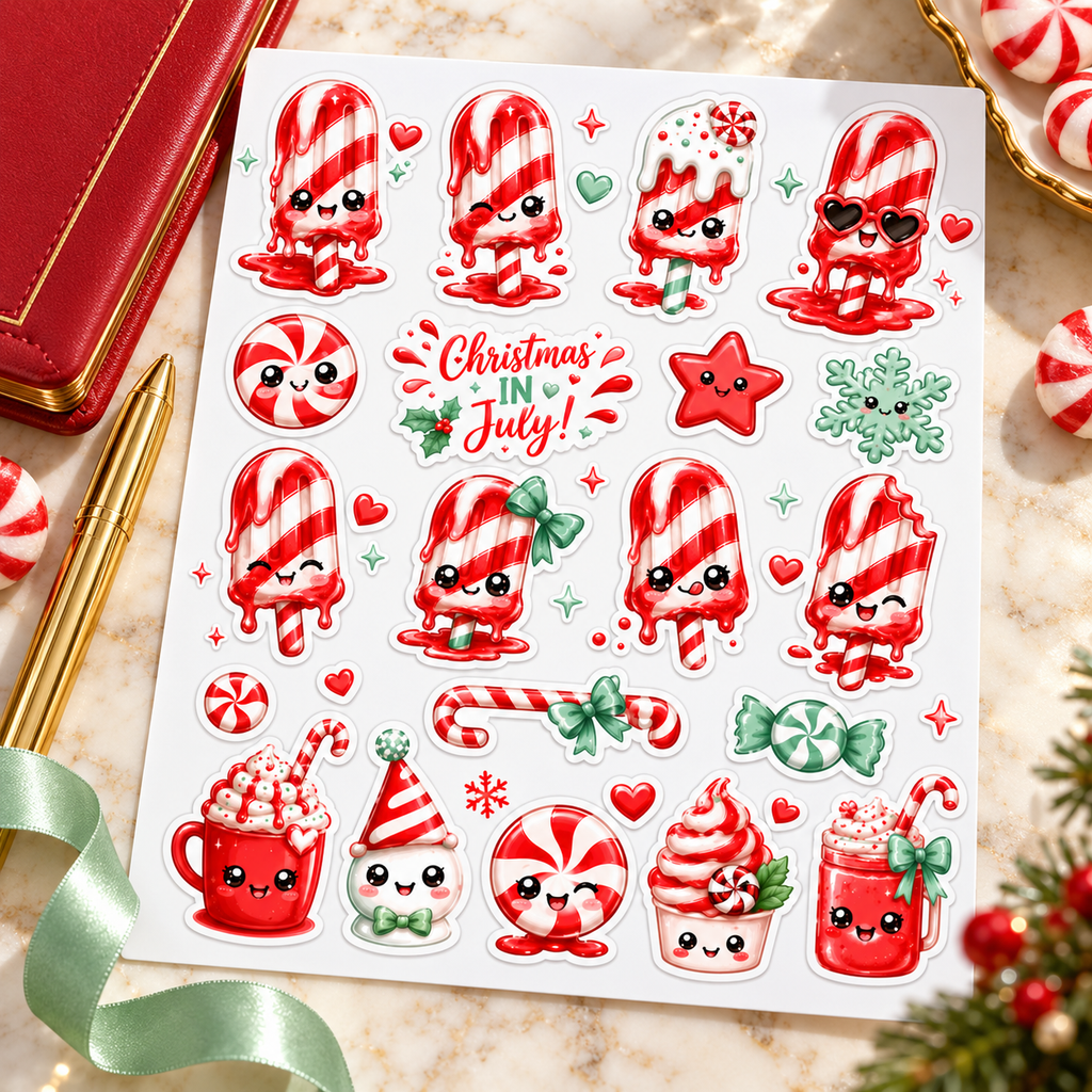 Christmas in July peppermint candy sticker sheet styled with a red journal, gold pen and mint ribbon