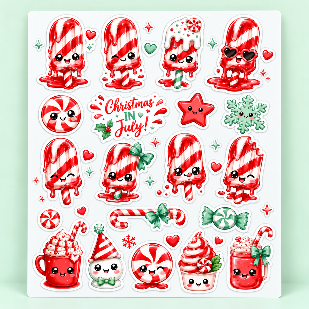 Complete Christmas in July peppermint candy sticker sheet on a mint background