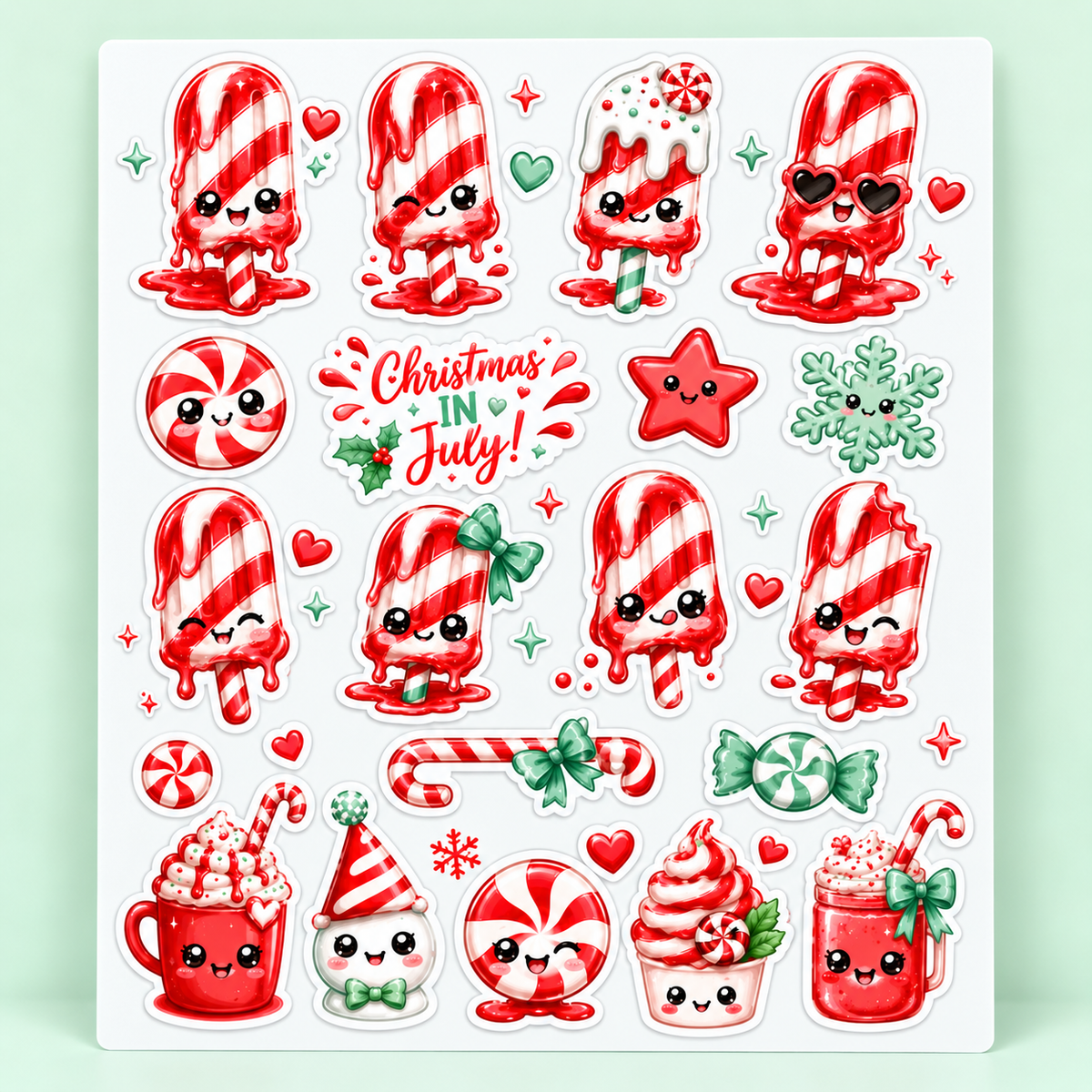 Complete Christmas in July peppermint candy sticker sheet on a mint background