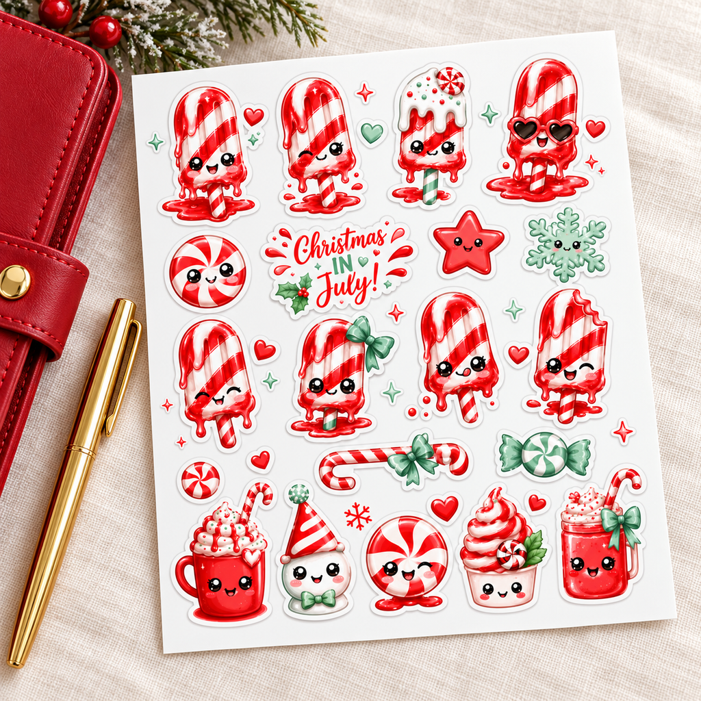 Christmas in July candy sticker set beside a red planner and gold pen on ivory linen