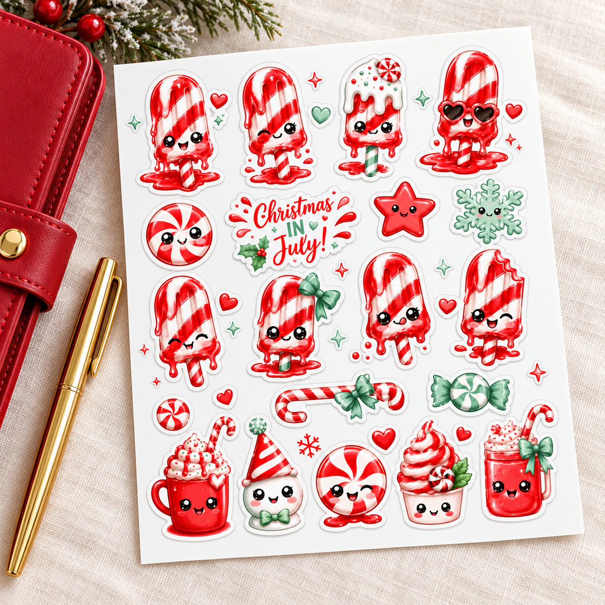 Christmas in July candy sticker set beside a red planner and gold pen on ivory linen