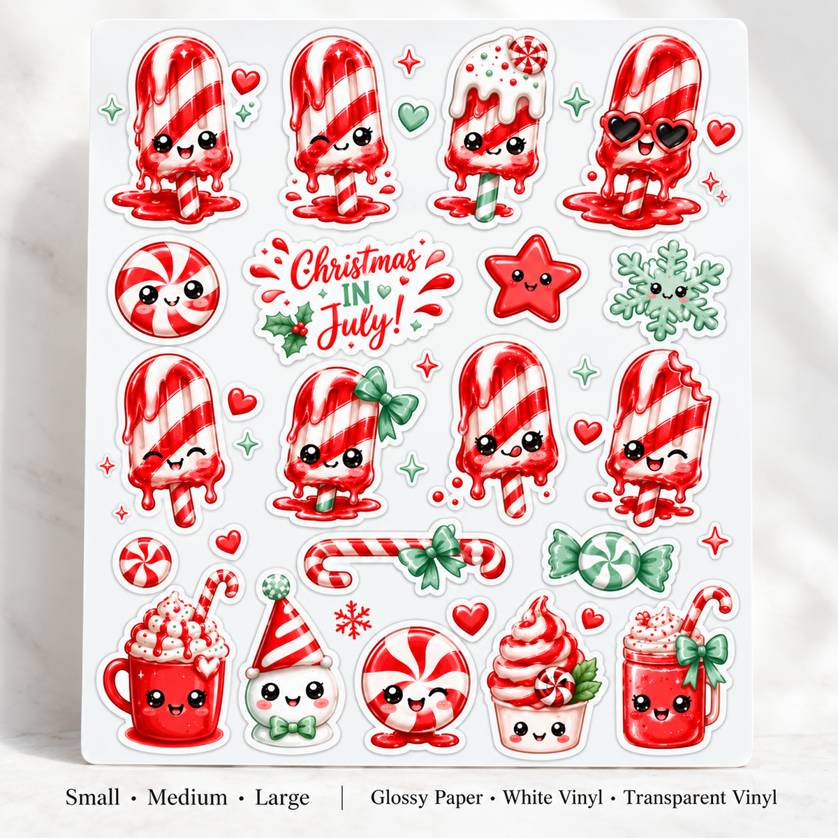 Christmas in July stickers with Small, Medium, Large and Glossy Paper, White Vinyl, Transparent Vinyl option guide