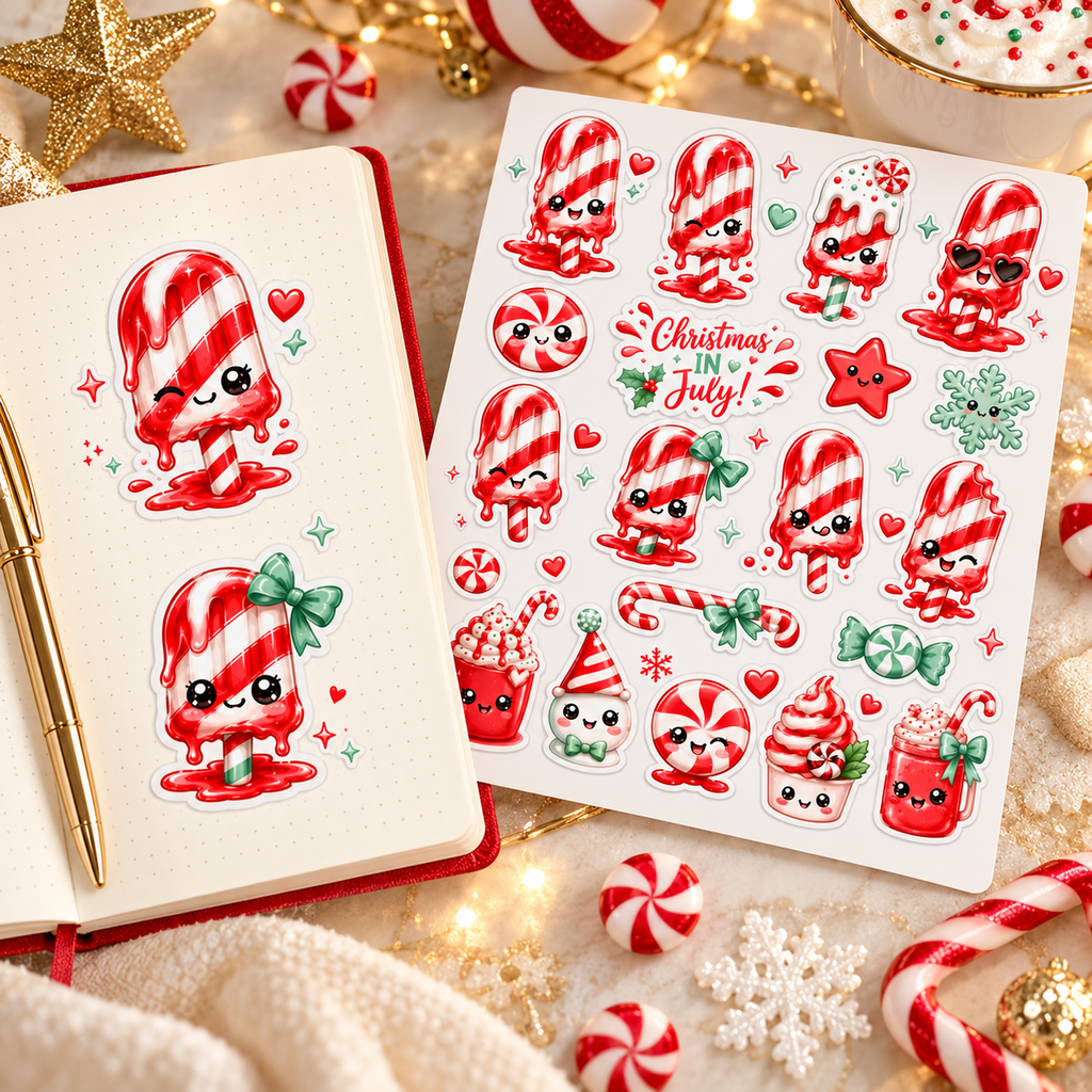Peppermint ice lolly stickers decorating an open journal on a festive cream and gold desk