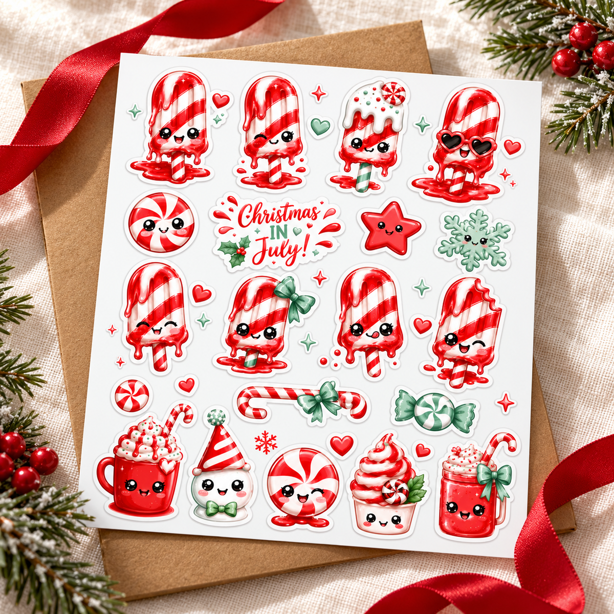 Christmas in July candy stickers beside a kraft sleeve and red ribbon for gifting inspiration; props not included