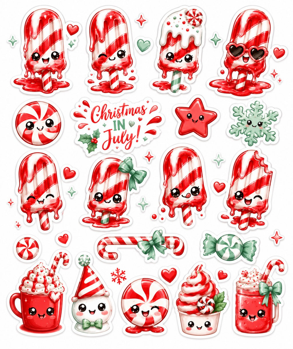 Christmas in July sticker sheet with cute peppermint ice lollies, candy canes, hot chocolate, cupcake and snowman in red, white and mint