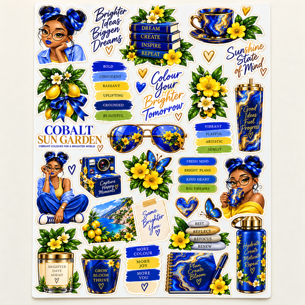 Cobalt Sun Garden – Blue & Yellow Journal Sticker Sheet — closeup sticker sheet lifestyle view