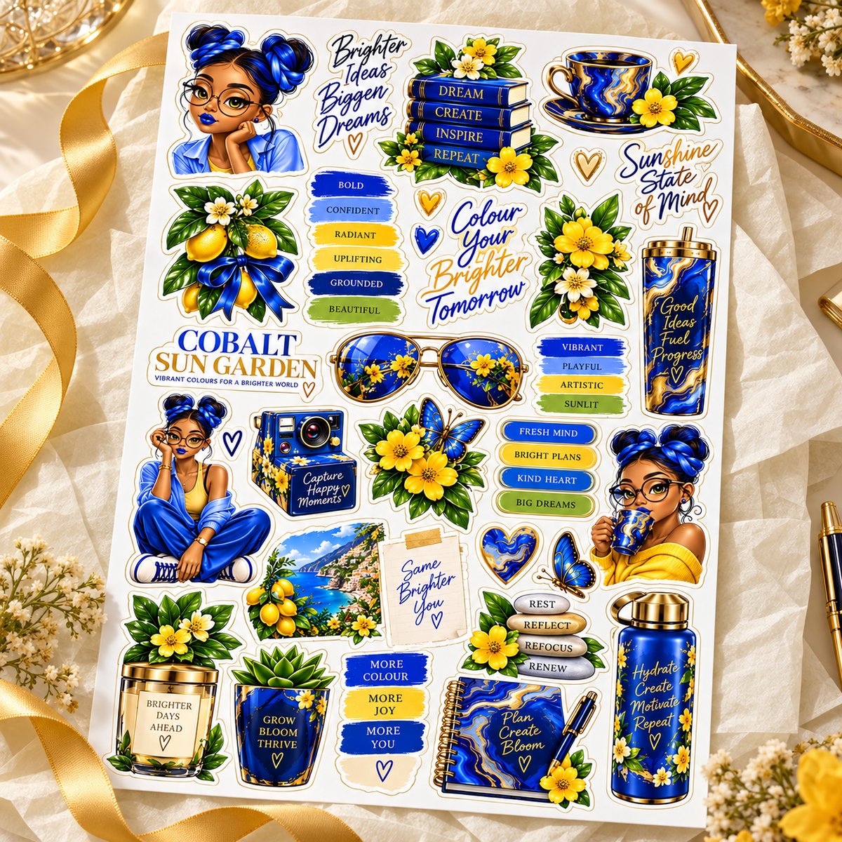 Cobalt Sun Garden – Blue & Yellow Journal Sticker Sheet — gift sticker sheet lifestyle view