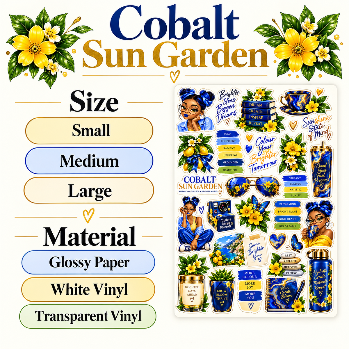 Cobalt Sun Garden – Blue & Yellow Journal Sticker Sheet — guide sticker sheet lifestyle view