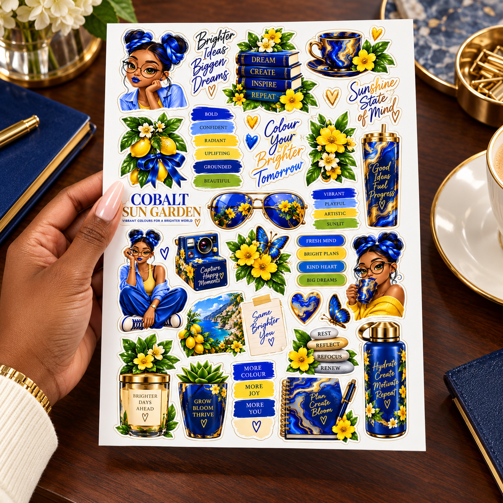 Cobalt Sun Garden – Blue & Yellow Journal Sticker Sheet — hand sticker sheet lifestyle view