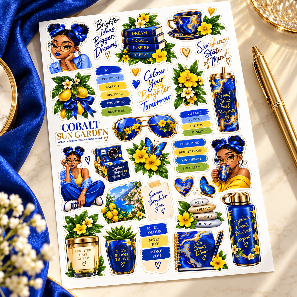 Cobalt Sun Garden – Blue & Yellow Journal Sticker Sheet — hero sticker sheet lifestyle view