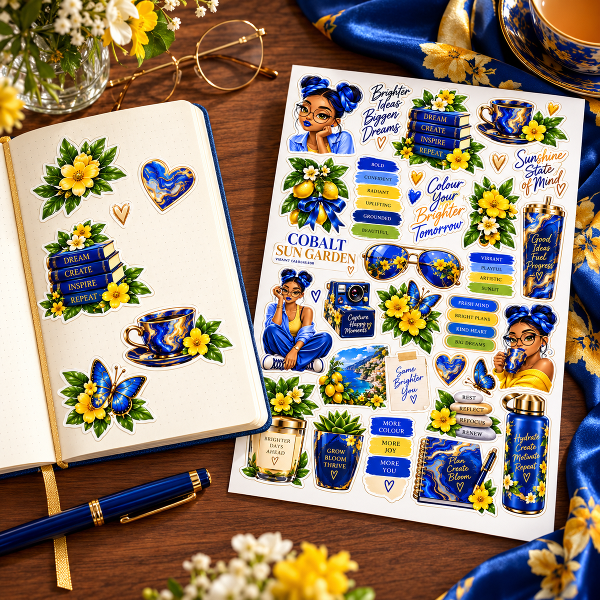 Cobalt Sun Garden – Blue & Yellow Journal Sticker Sheet — journal sticker sheet lifestyle view