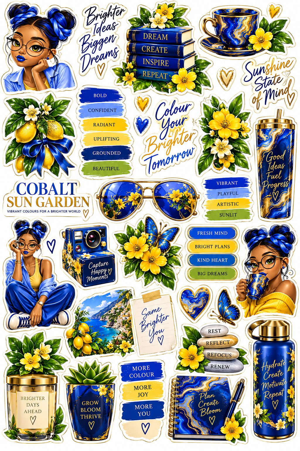 Cobalt Sun Garden blue and yellow floral journal sticker sheet original artwork