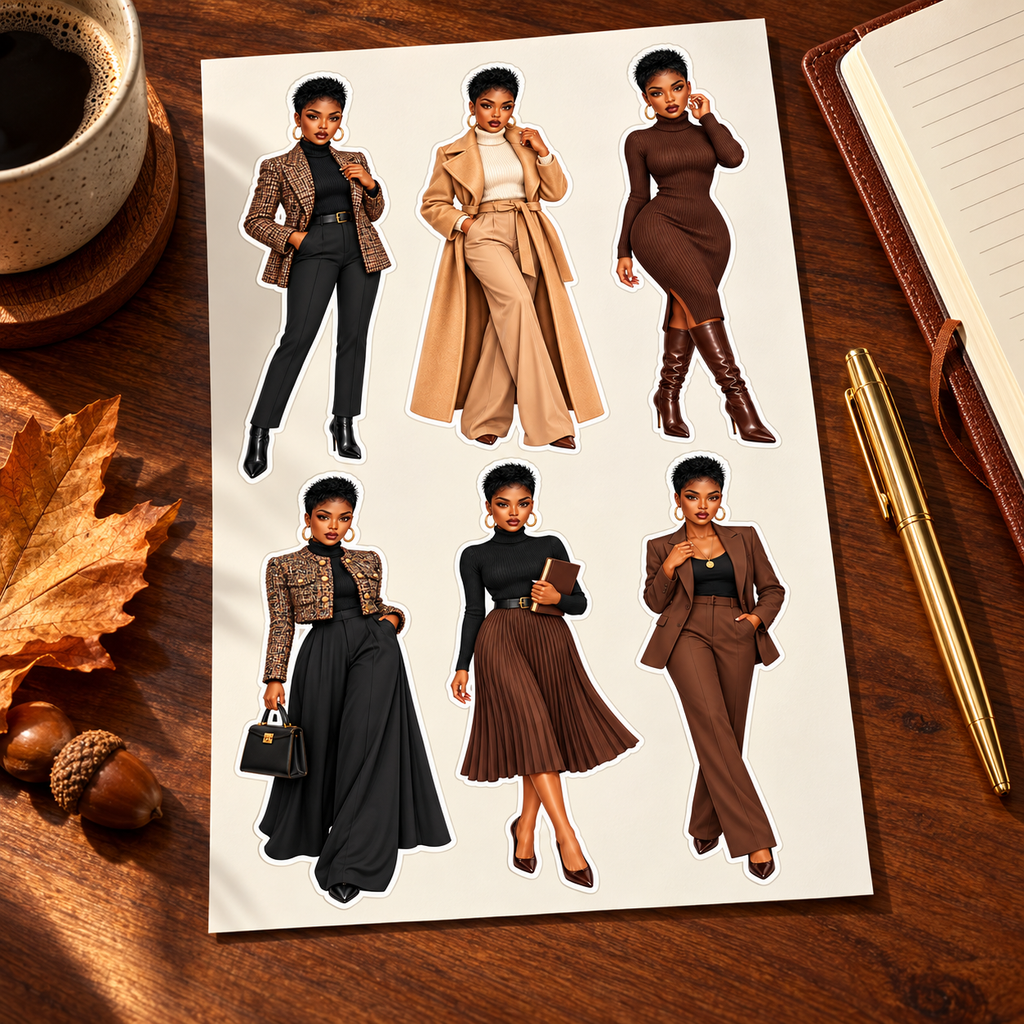 Cocoa Executive Edit fashion doll sticker sheet on a warm desk