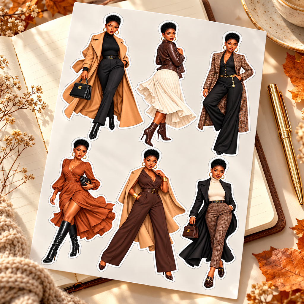 Camel Runway Motion six-doll sticker sheet on an autumn journal