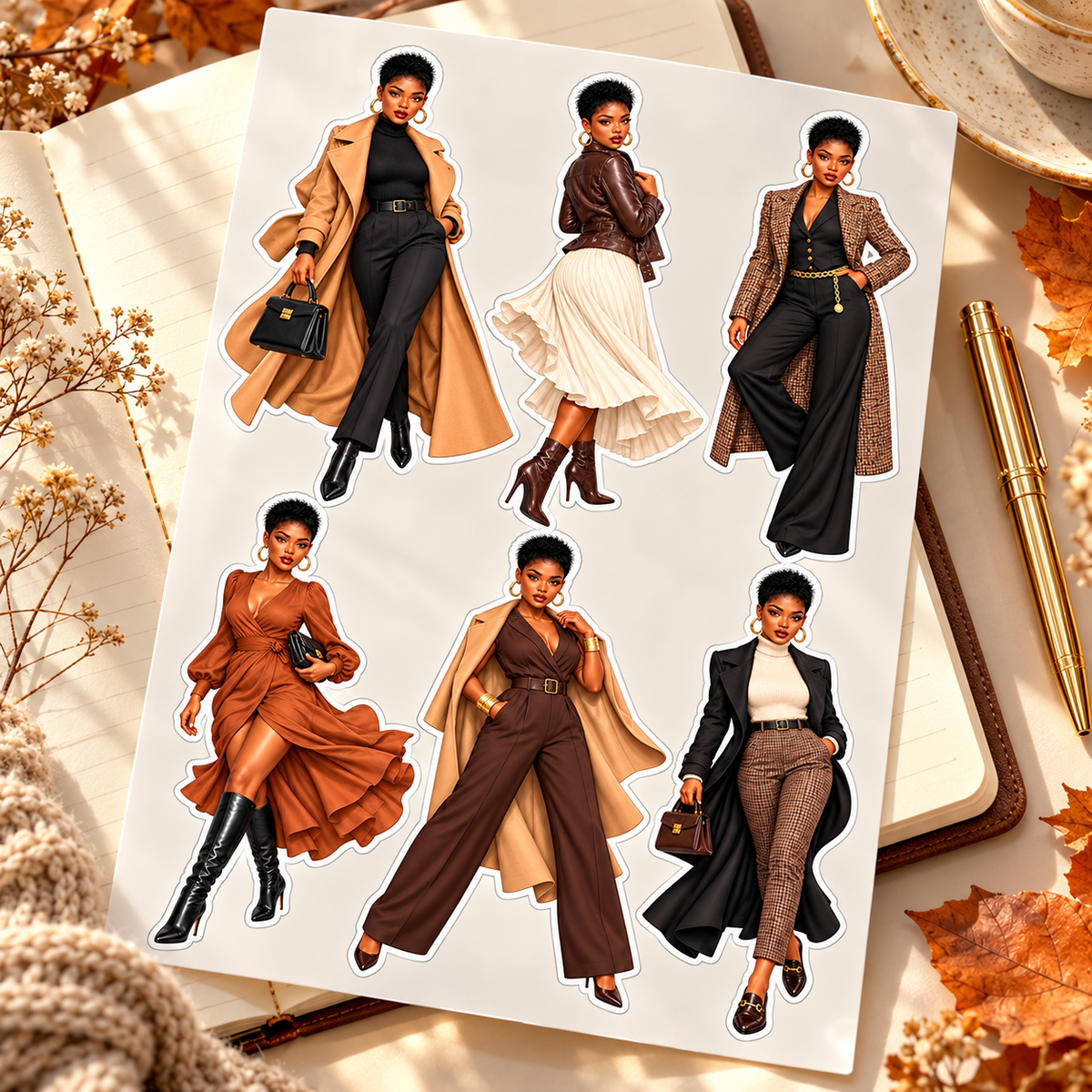 Camel Runway Motion six-doll sticker sheet on an autumn journal
