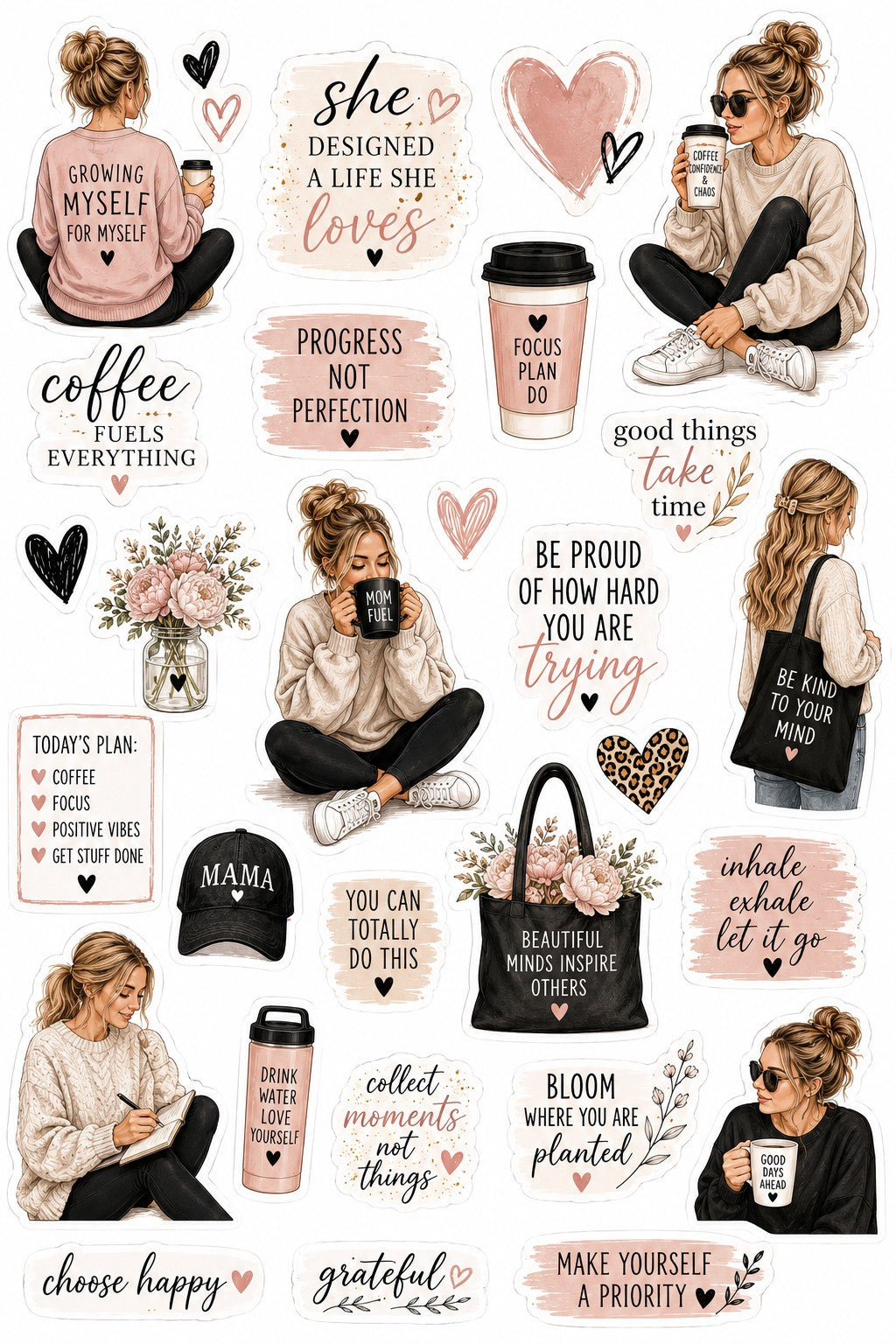 Coffee and Self Care motivational sticker sheet design