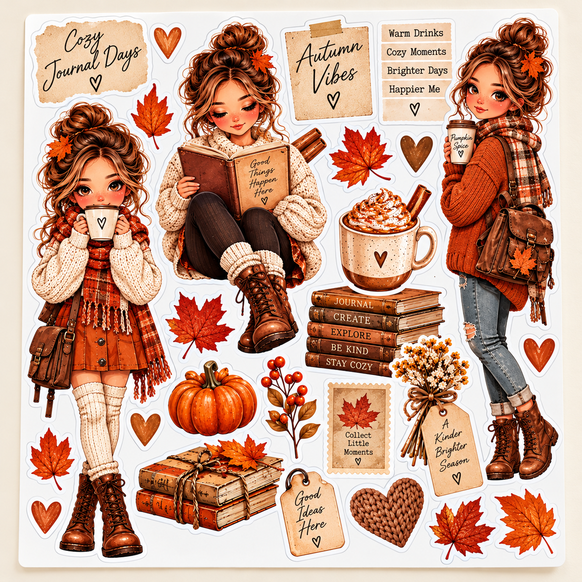 Cozy Journal Days – Autumn Journal Doll Sticker Sheet — closeup sticker sheet lifestyle view