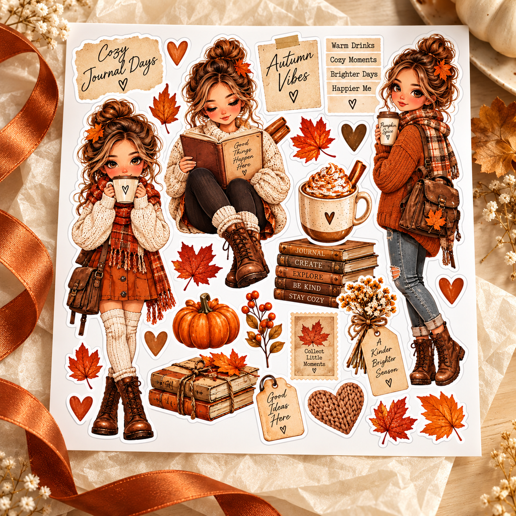 Cozy Journal Days – Autumn Journal Doll Sticker Sheet — gift sticker sheet lifestyle view