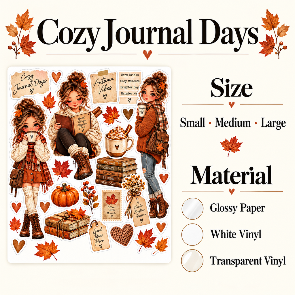 Cozy Journal Days – Autumn Journal Doll Sticker Sheet — guide sticker sheet lifestyle view