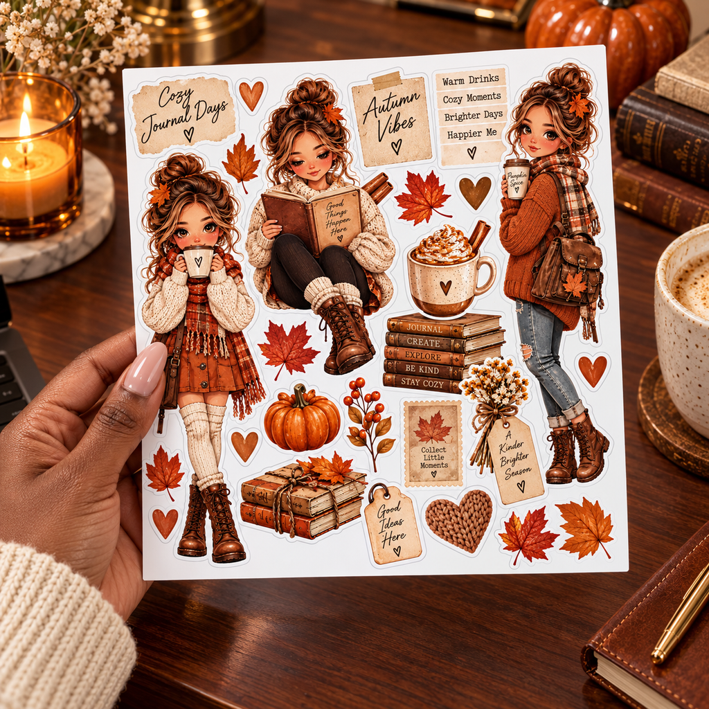 Cozy Journal Days – Autumn Journal Doll Sticker Sheet — hand sticker sheet lifestyle view