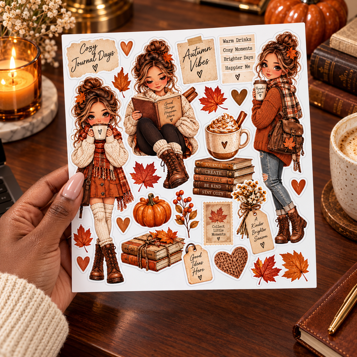 Cozy Journal Days – Autumn Journal Doll Sticker Sheet — hand sticker sheet lifestyle view