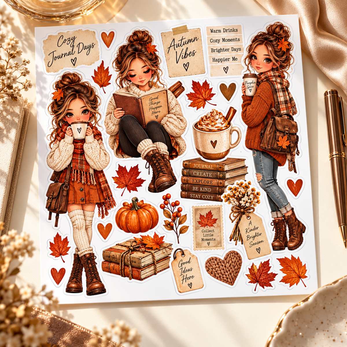 Cozy Journal Days – Autumn Journal Doll Sticker Sheet — hero sticker sheet lifestyle view
