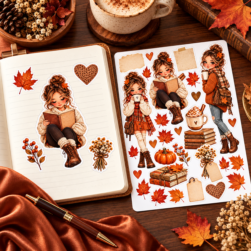 Cozy Journal Days – Autumn Journal Doll Sticker Sheet — journal sticker sheet lifestyle view