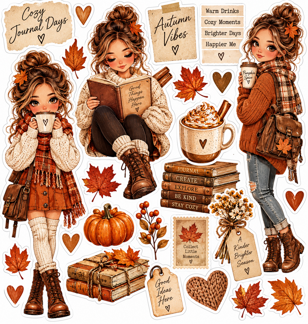 Cozy Journal Days autumn journal doll sticker sheet original artwork