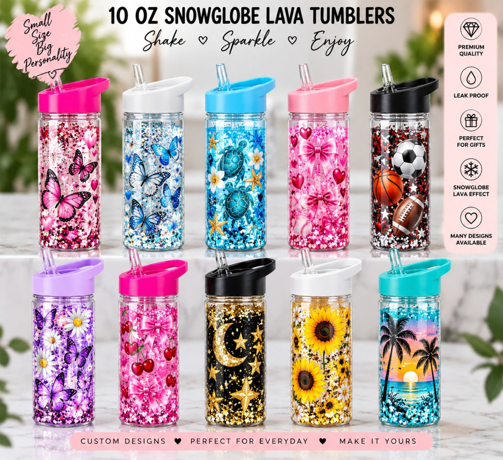 10 oz snow-globe lava tumbler with random custom designs