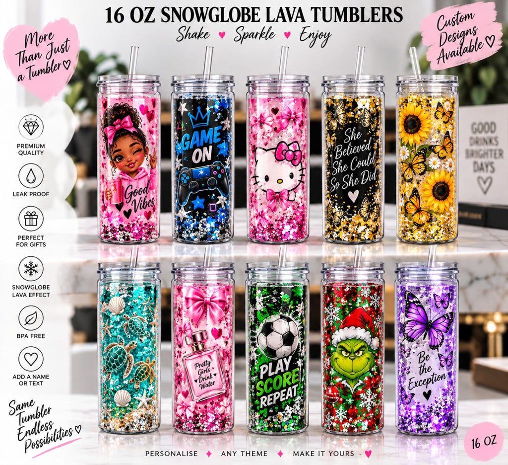 16 oz snow-globe lava tumbler with random custom designs