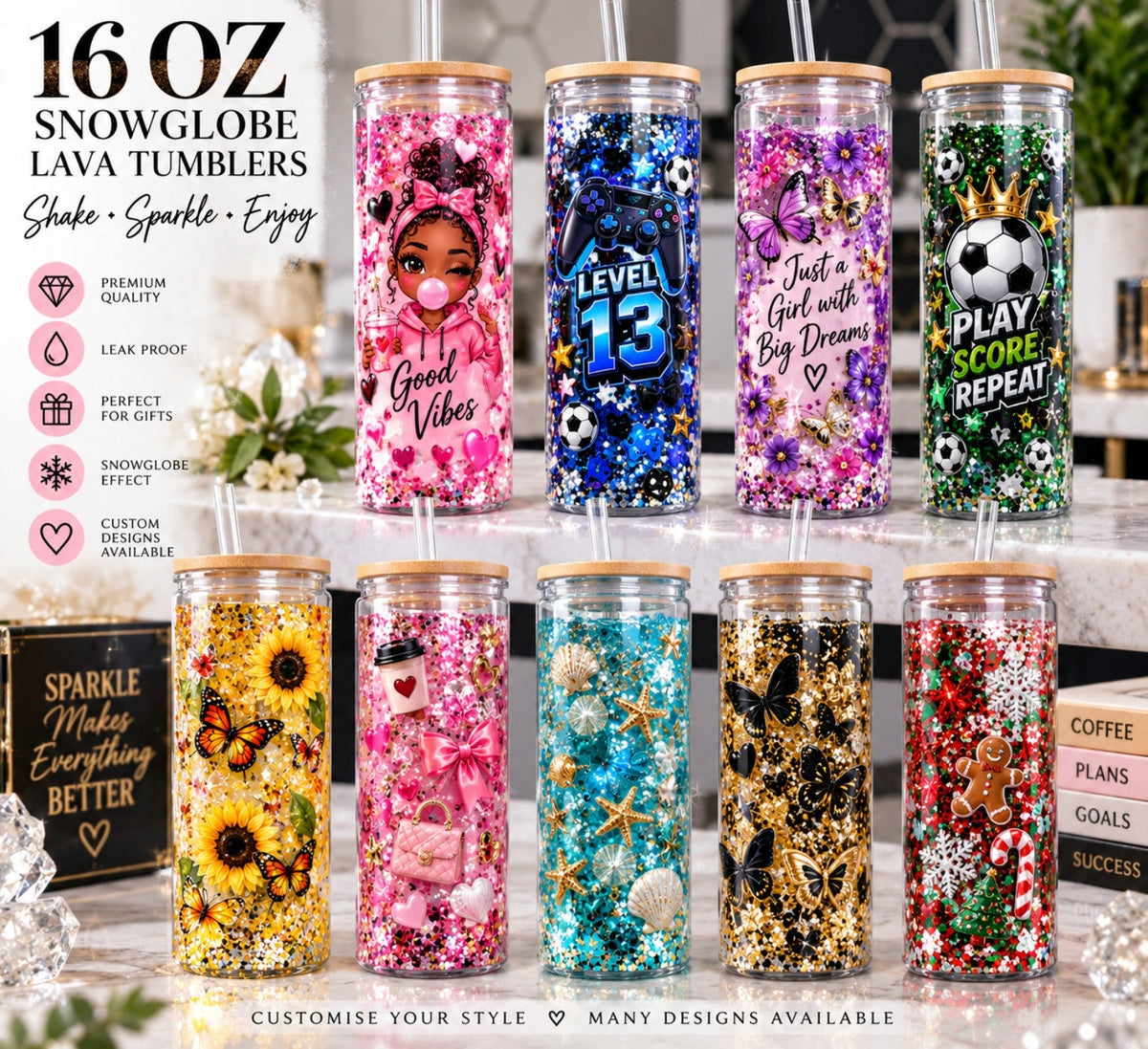 16 oz personalised snow-globe lava tumbler design examples