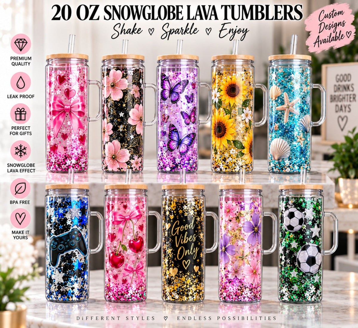 20 oz snow-globe lava tumbler with random custom designs