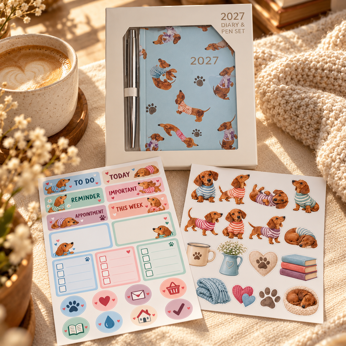 Dachshund Daydream diary and sticker set on a cosy desk beside coffee and a knitted throw