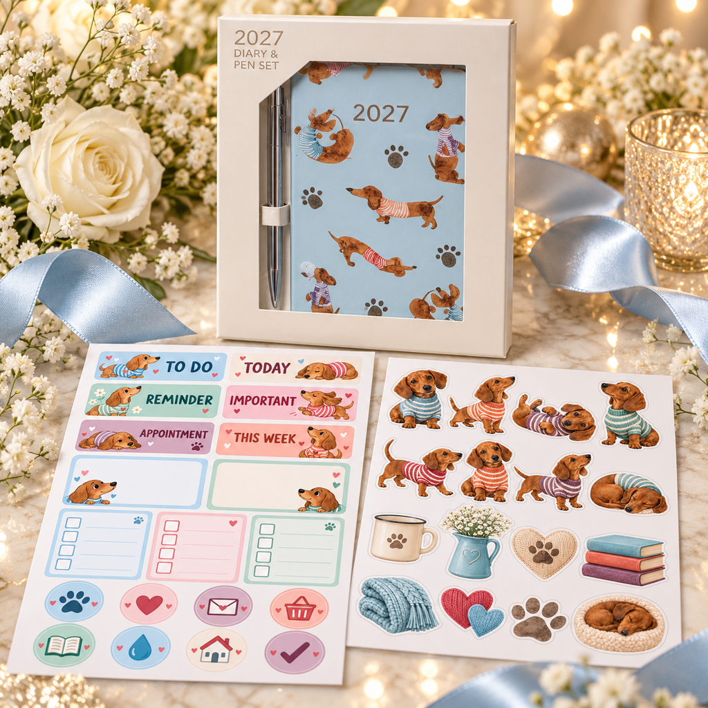 Boxed dachshund 2027 diary and silver pen with two sticker sheets styled with powder blue ribbon