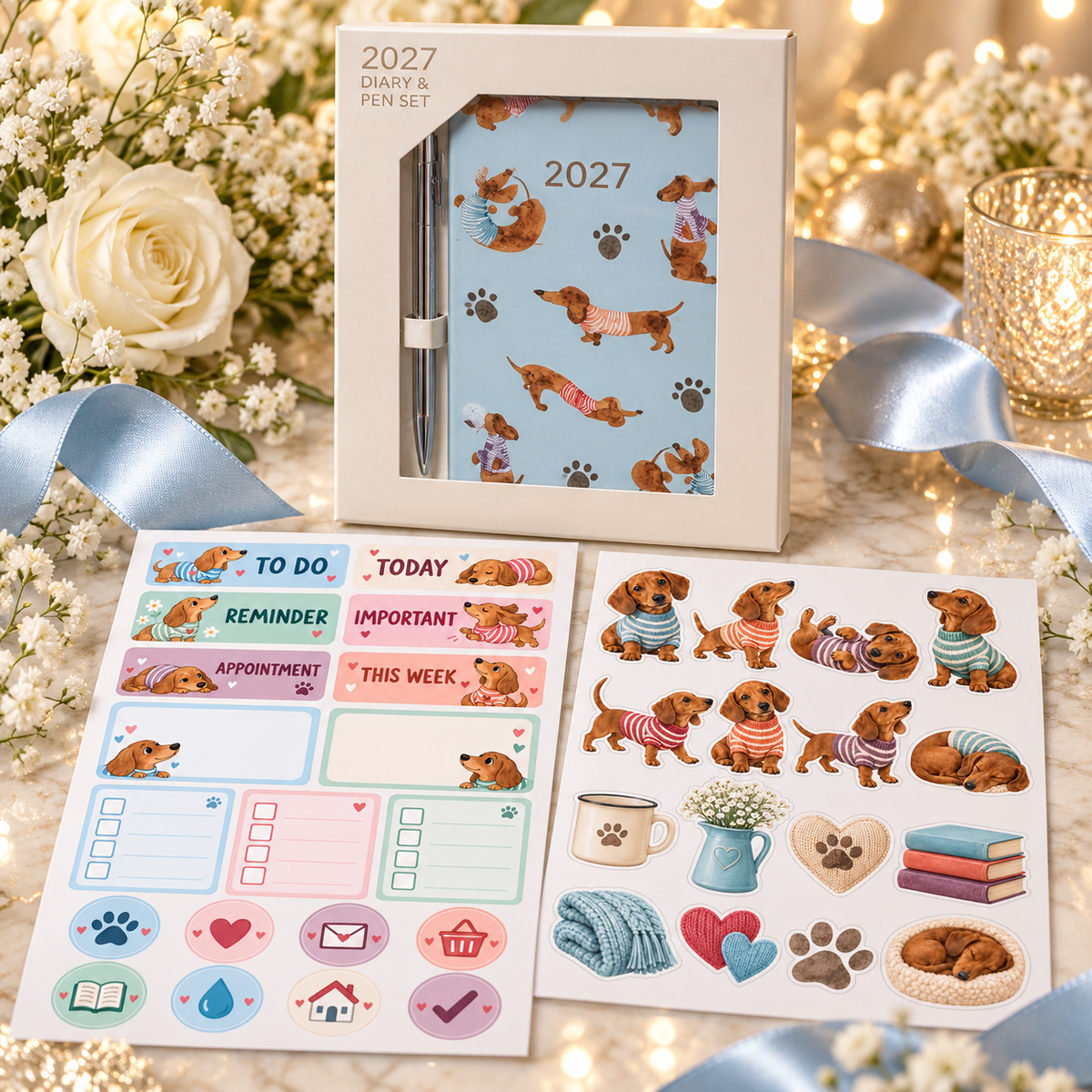 Boxed dachshund 2027 diary and silver pen with two sticker sheets styled with powder blue ribbon