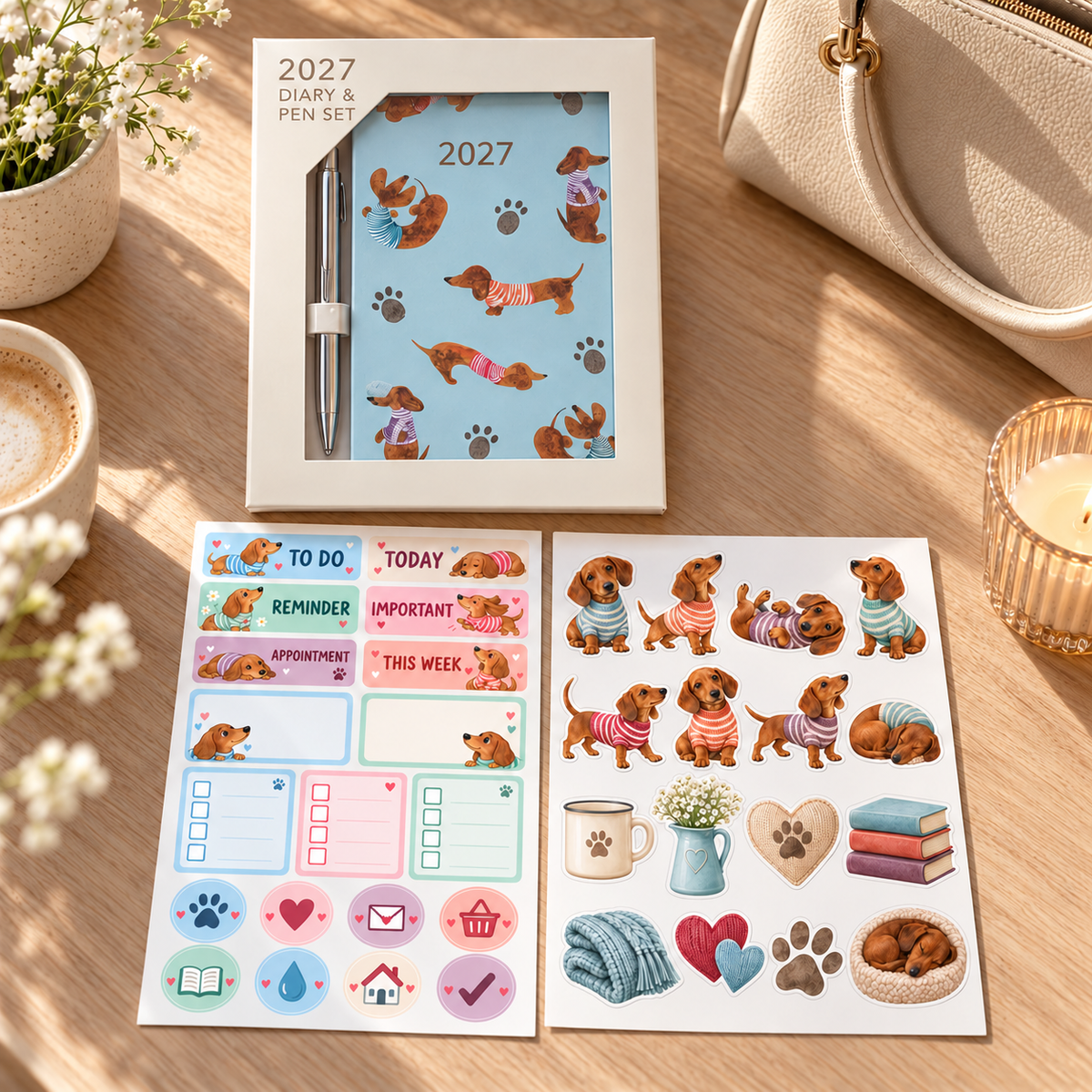 Compact 2027 dachshund diary and pen beside a handbag with two pastel sticker sheets