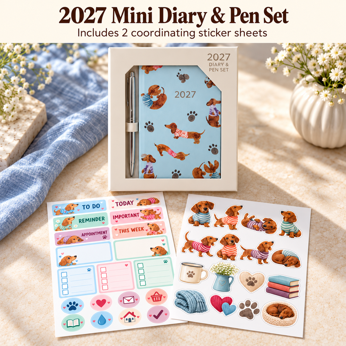 2027 mini diary and pen set contents with two coordinating dachshund sticker sheets