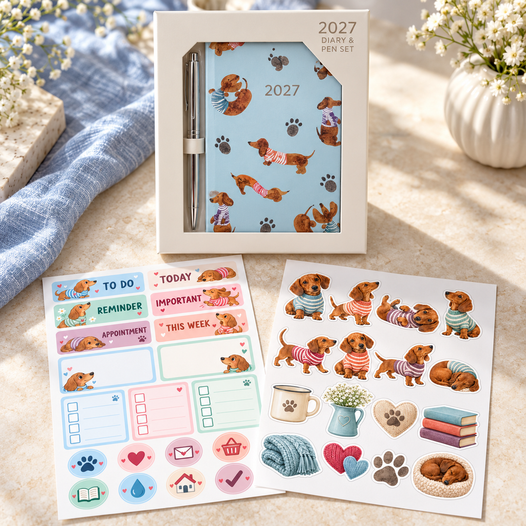 Boxed 2027 blue dachshund mini diary and silver pen with two coordinating sticker sheets on an ivory desk