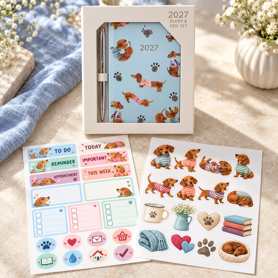 Boxed 2027 blue dachshund mini diary and silver pen with two coordinating sticker sheets on an ivory desk