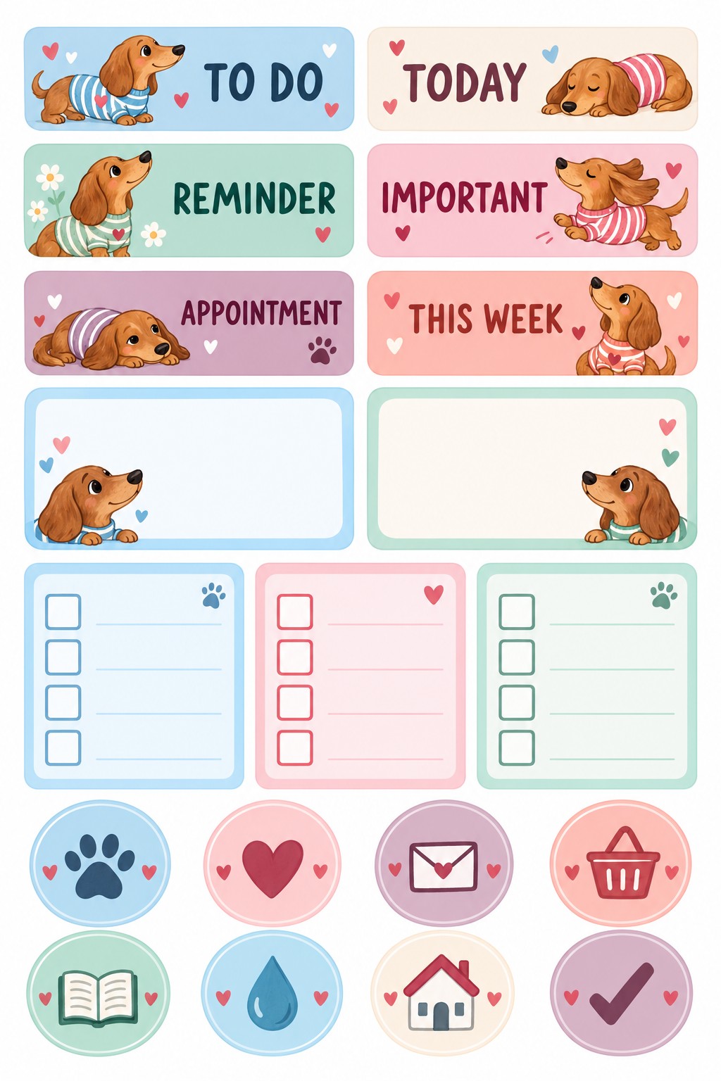 Pastel dachshund planner sticker sheet with headers, note boxes, checklists and icons