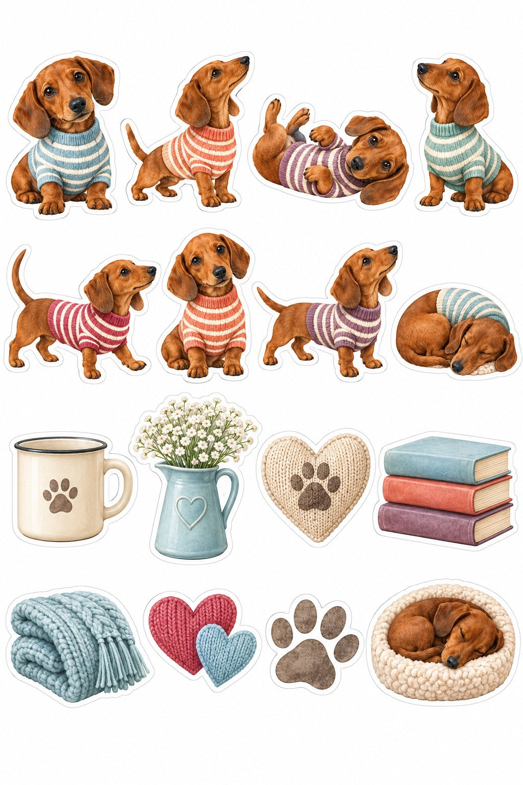 Decorative dachshund sticker sheet featuring dogs in striped jumpers and cosy accessories