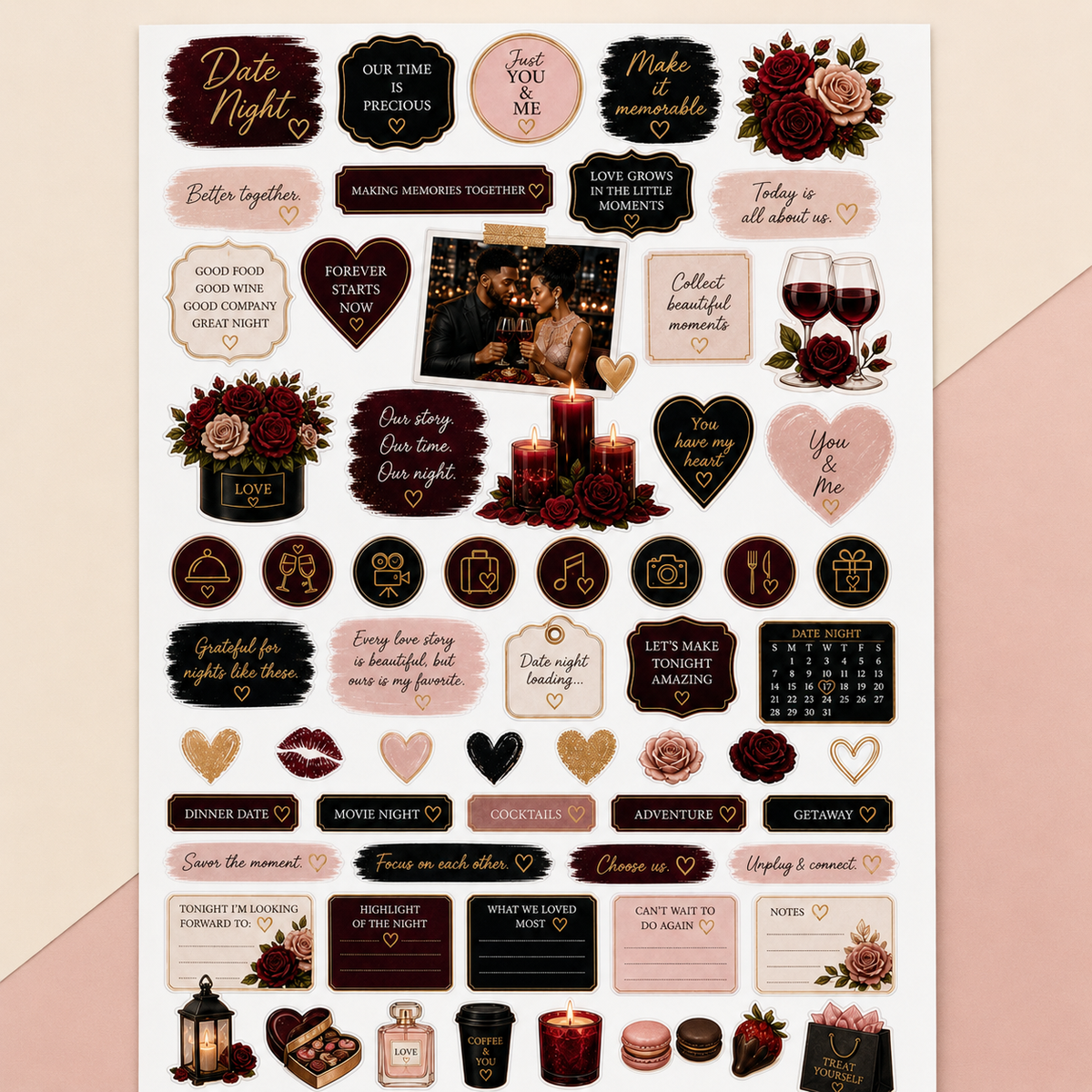 Front-facing close-up of the complete burgundy, blush, black and gold date night functional sticker sheet.
