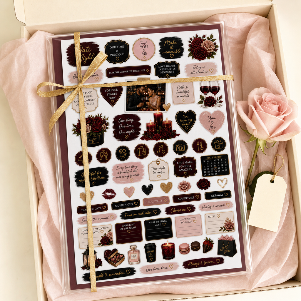 Gift-ready date night functional sticker sheet in a clear sleeve with burgundy backing and gold ribbon.