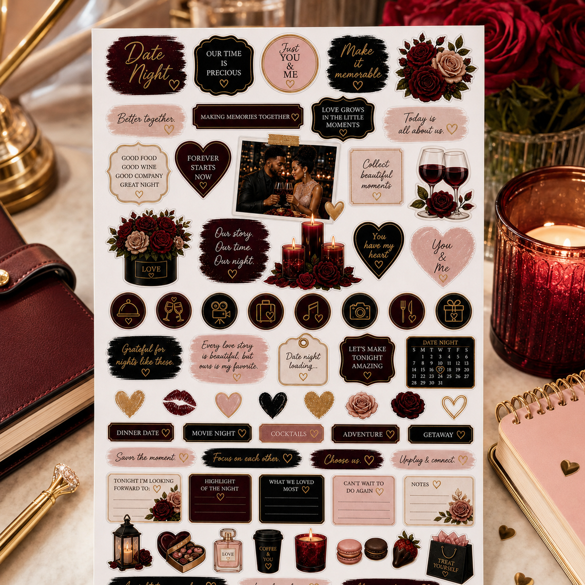 Date night journal functional sticker sheet styled with a burgundy planner, blush stationery, roses and candlelight.