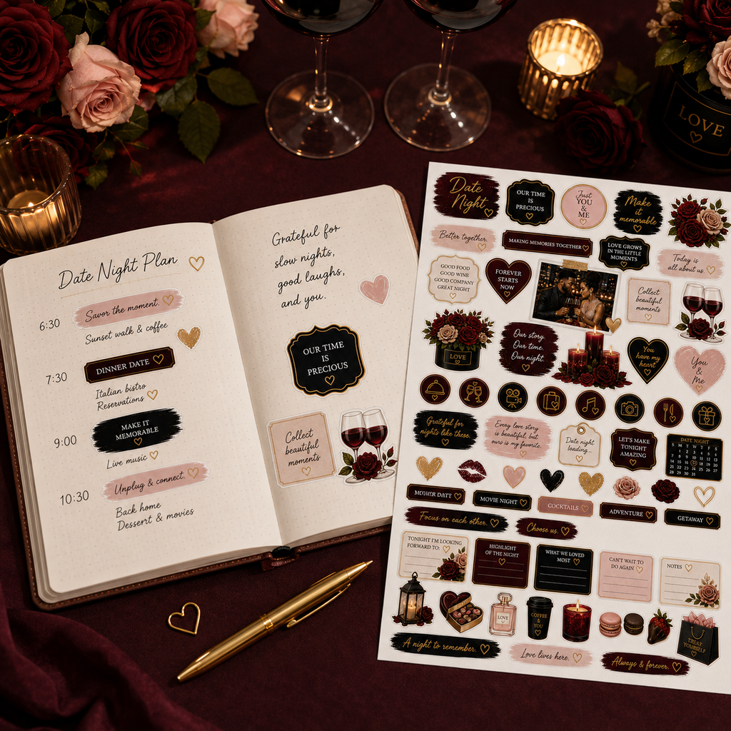 Date night journal spread decorated with burgundy, blush, black and gold functional stickers.