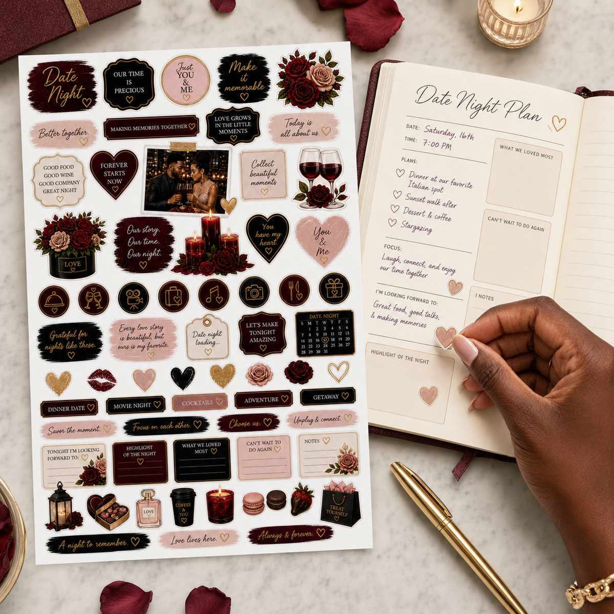 Date night functional sticker sheet beside an open journal planner with a hand applying a heart sticker.