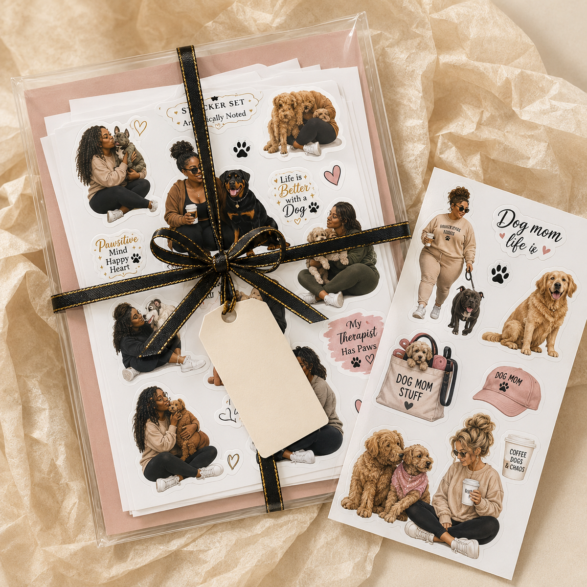 Gift ready Dog Lover sticker sheets with blush black and gold packaging