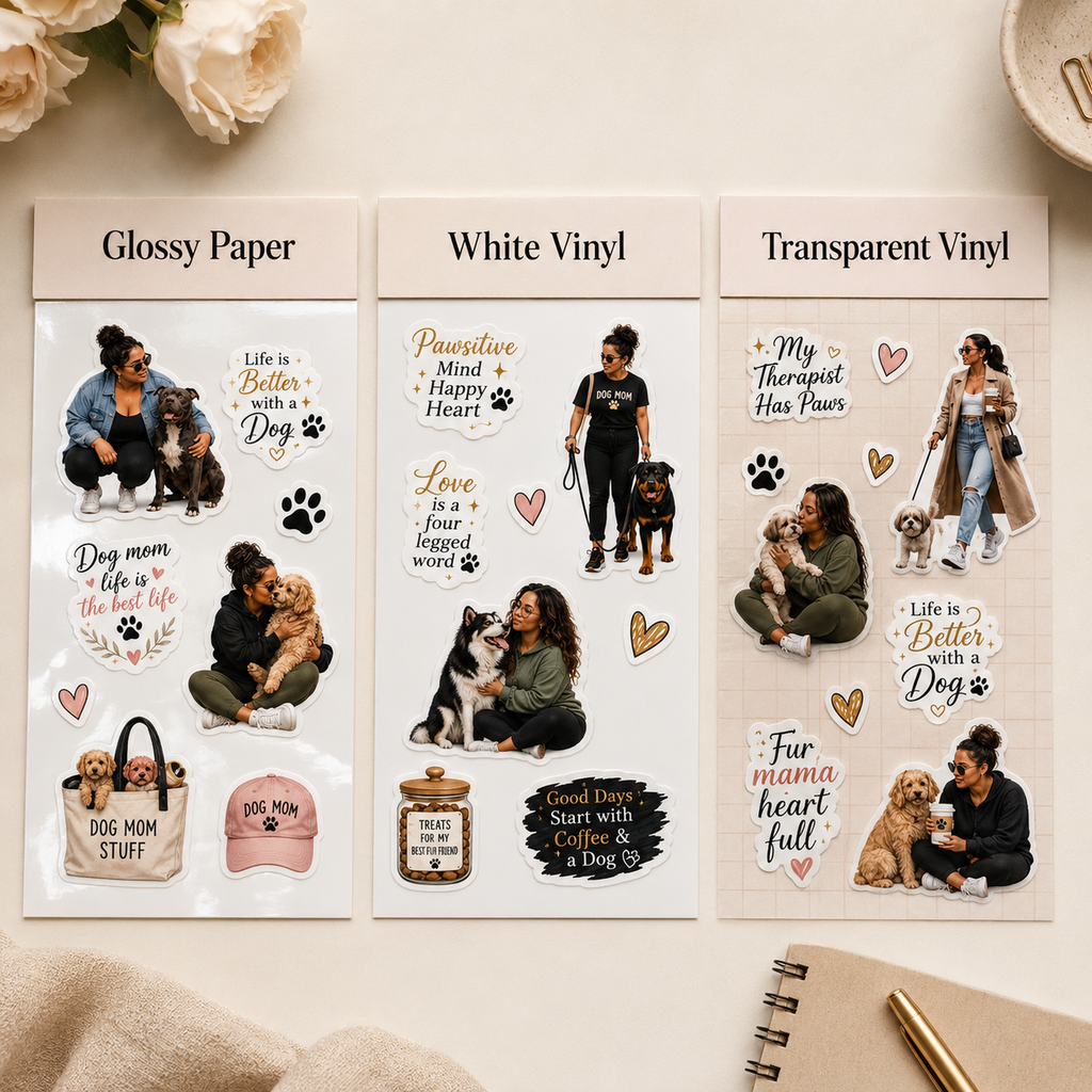 Dog Lover stickers in Glossy Paper White Vinyl and Transparent Vinyl